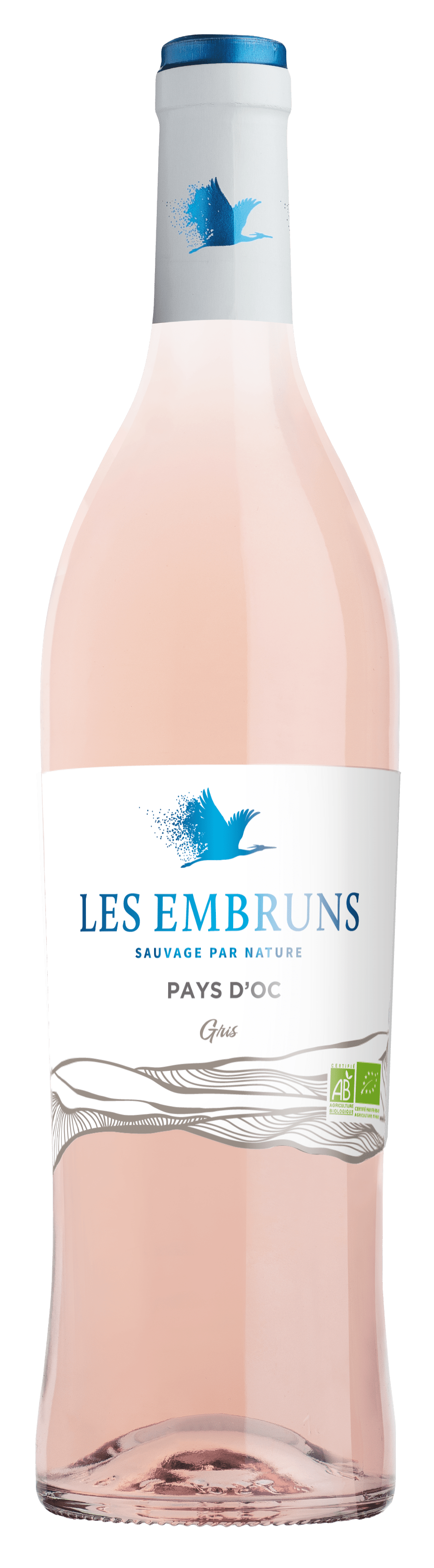 Bouteille de vin rosé IGP Pays D'OC Bio « Les Embruns Gris », millésime 2023/2024 — vignoble Languedoc