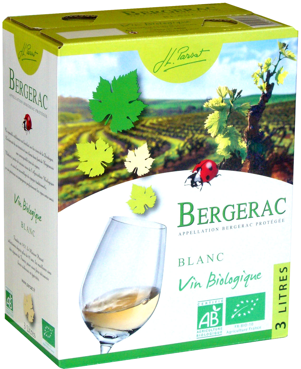 Bouteille de vin blanc AOP Bergerac Bio « Jl Parsat », millésime 2022 — vignoble Sud-ouest
