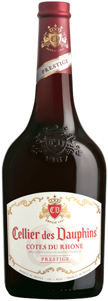 Bouteille de vin rouge Côtes du rhône « Cellier des dauphins », millésimes 2019 à 2021 — vignoble Rhône