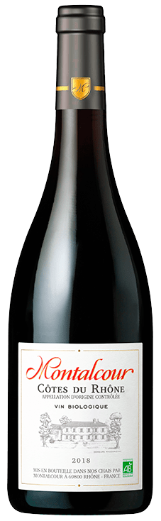 Bouteille de vin rouge Côtes du rhône Bio « Montalcour », millésimes 2021 à 2022 — vignoble Rhône