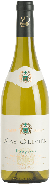 Bouteille de vin blanc AOP Faugères « Mas Olivier », millésime 2022 — vignoble Languedoc