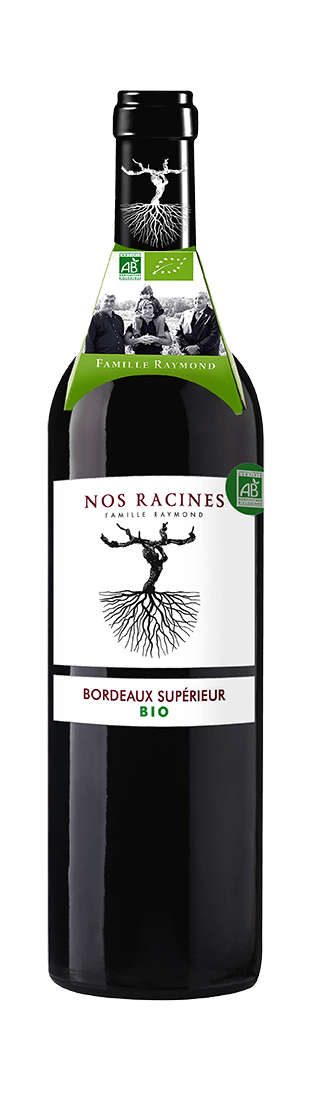 Bouteille de vin rouge AOC Bordeaux Supérieur Bio « nos racines famille raymond », millésime 2022 — vignoble Bordeaux