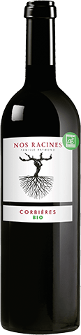 Bouteille de vin rouge — AOP(1) VIN ROUGE CORBIÈRES BIO** NOS RACINES FAMILLE RAYMOND