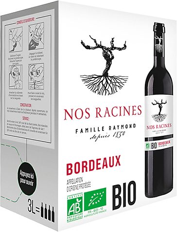 Bouteille de vin rouge — AOP(1) VIN ROUGE BORDEAUX BIO** NOS RACINES FAMILLE RAYMOND