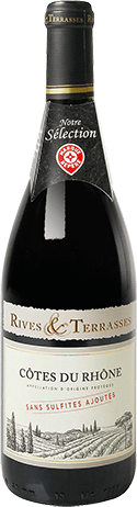 Bouteille de vin rouge AOP Vin Rouge Côtes Du Rhône Sans Sulfites Ajoutés « Rives & Terrasses », millésime 2025/2026 — vignoble Rhône