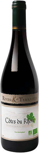 Bouteille de vin rouge AOP Vin Rouge Côtes Du Rhône Bio « Rives & Terrasses », millésime 2025/2026 — vignoble Rhône