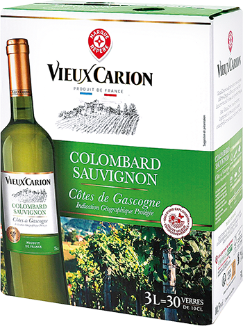 Bag-in-box de vin blanc IGP Vin Blanc Côtes De Gascogne Sec Colombard Sauvignon « Vieux Carion », millésime 2025/2026 — vignoble Sud-ouest
