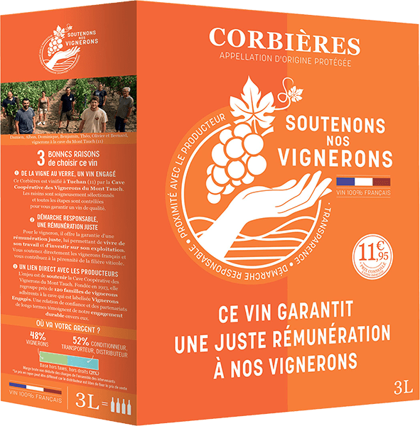 Bouteille de vin rouge — AOP(1) VIN ROUGE CORBIÈRES SOUTENONS NOS VIGNERONS