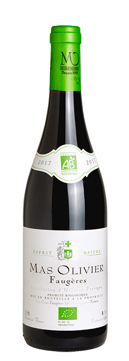 Bouteille de vin rouge AOC Faugères bio « Mas Olivier Esprit Nature », millésime 2022 — vignoble Languedoc