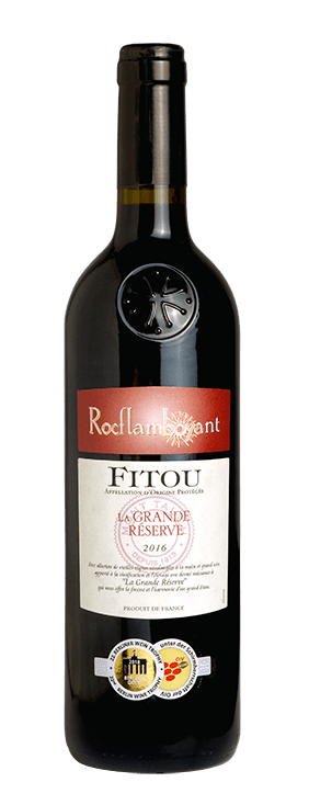 Bouteille de vin rouge fitou « rocflamboyant la grande réserve », millésimes 2019 à 2022 — vignoble Languedoc